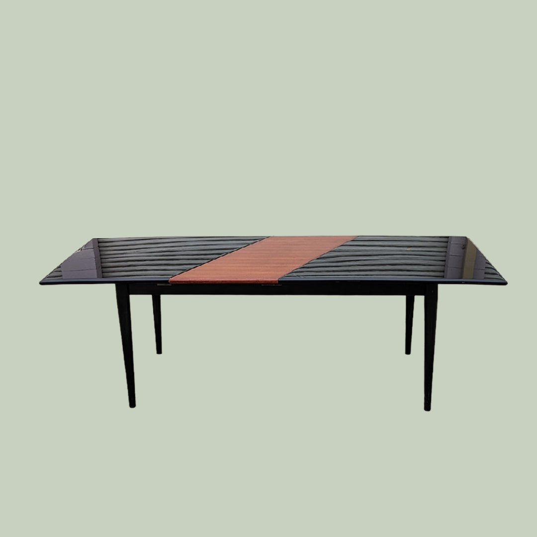 Unique Black Lacquer Postmodern Dining Table | Diagonal Leaf | Italian | MCM | Mid Century