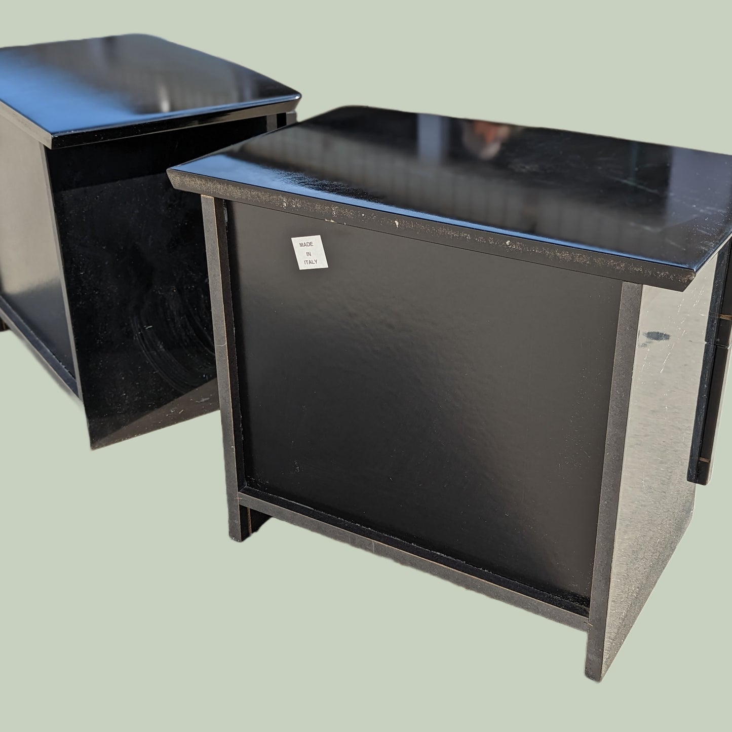 Postmodern Nightstands by Carlo Malnati, Super Unique Inlaid Wood, Black Lacqeur, Mid Century, Post Modern, MCM