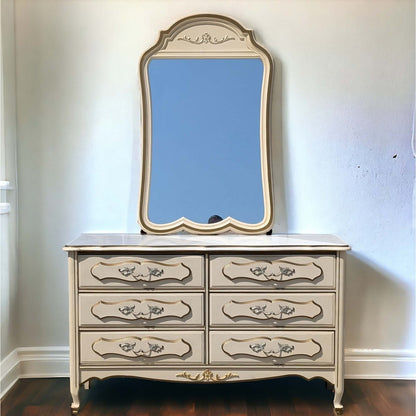 1970s French Provincial Six-Drawer Dresser with Mirror