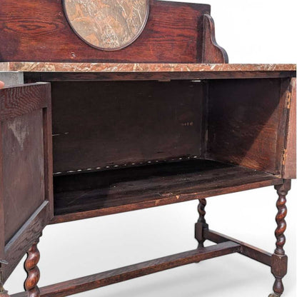 Antique Marble-Top Washstand – Oak with Barley Twist Legs and Round Marble Back, Early 1900s English