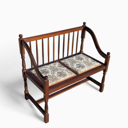 Vintage Spindle Back Wood Settee – Floral Upholstered Bench with Curved Arms, Entryway or Hall Seating