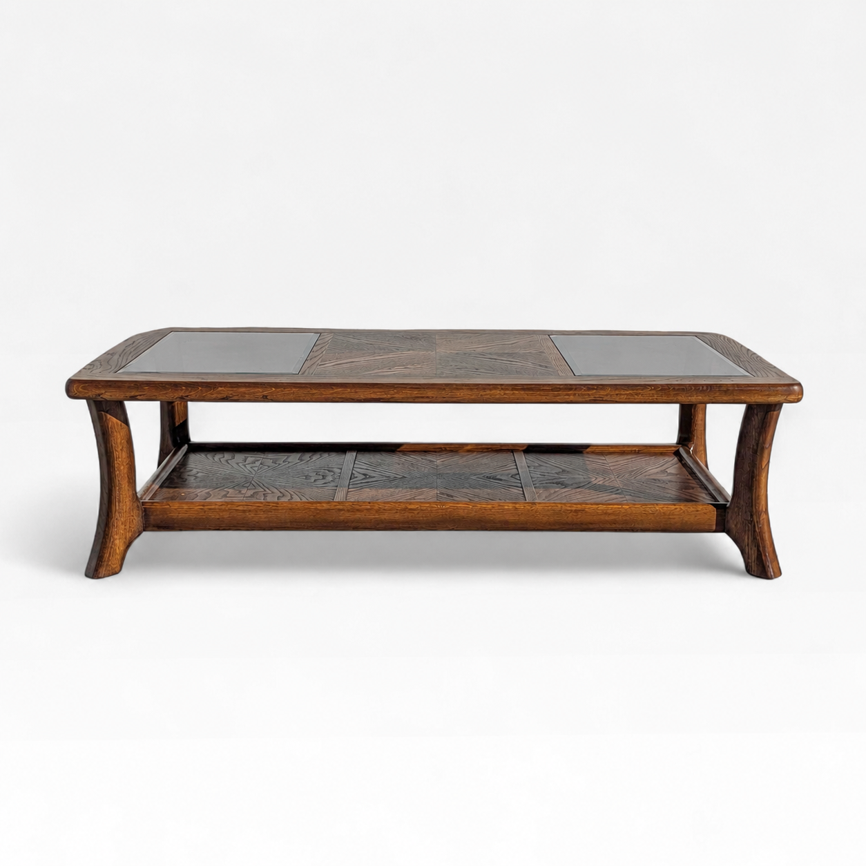 Vintage Oak Coffee Table Smoked Glass Insets