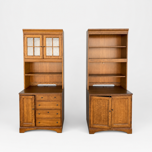 Cottage-Style Oak Hutch Cabinets, Pair