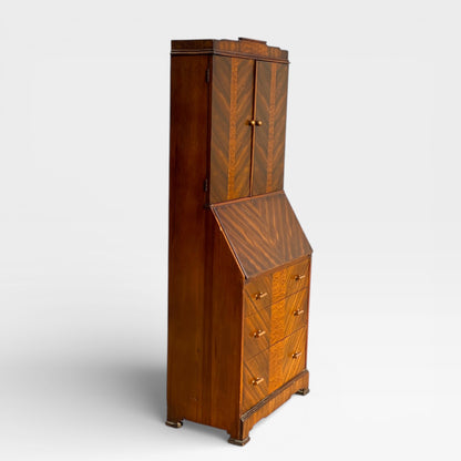Art Deco Secretary Desk with Drop-Front Writing Surface and Chevron Veneer, 1930s