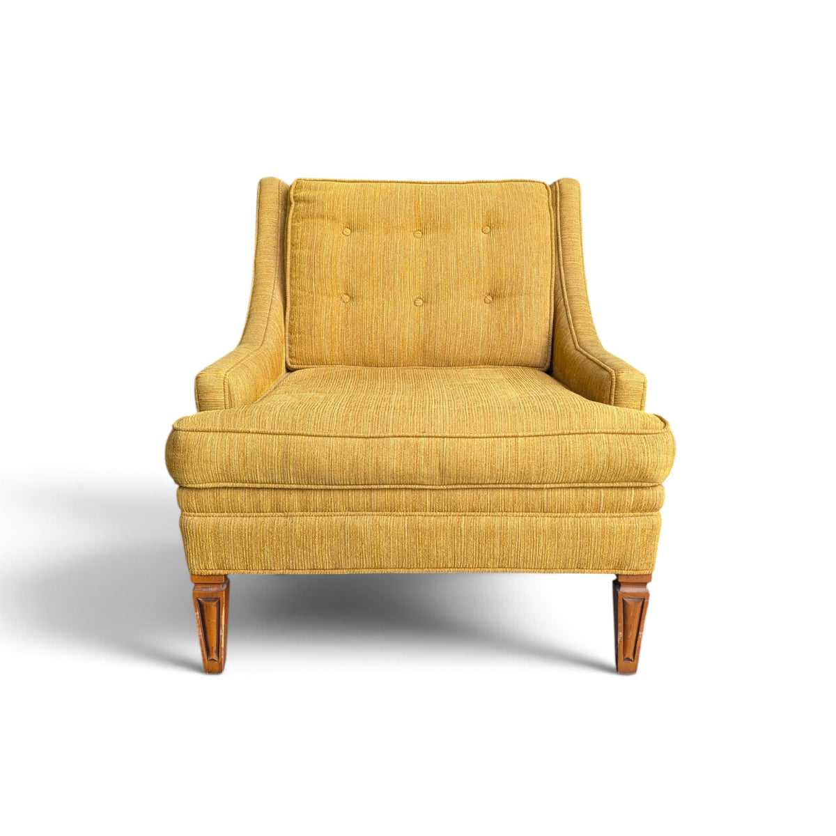 Vintage Mustard Upholstered Lounge Chair with Tapered Wood Legs — view 1 of 14