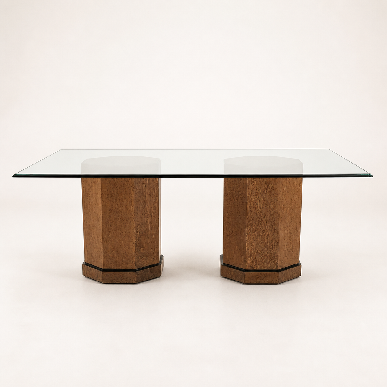 Postmodern Bernhardt Glass Dining Table & Chairs | 80s | Birdseye Maple Pedestal Bases | Unique | Mid Century | Six Chairs