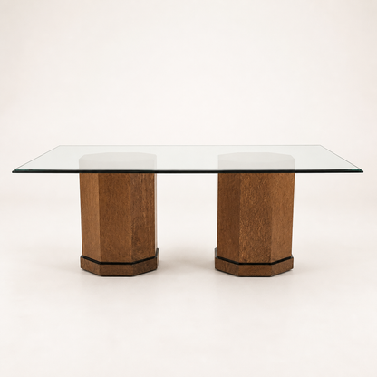 Postmodern Bernhardt Glass Dining Table & Chairs | 80s | Birdseye Maple Pedestal Bases | Unique | Mid Century | Six Chairs