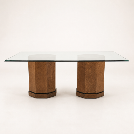 Postmodern Bernhardt Glass Dining Table & Chairs | 80s | Birdseye Maple Pedestal Bases | Unique | Mid Century | Six Chairs
