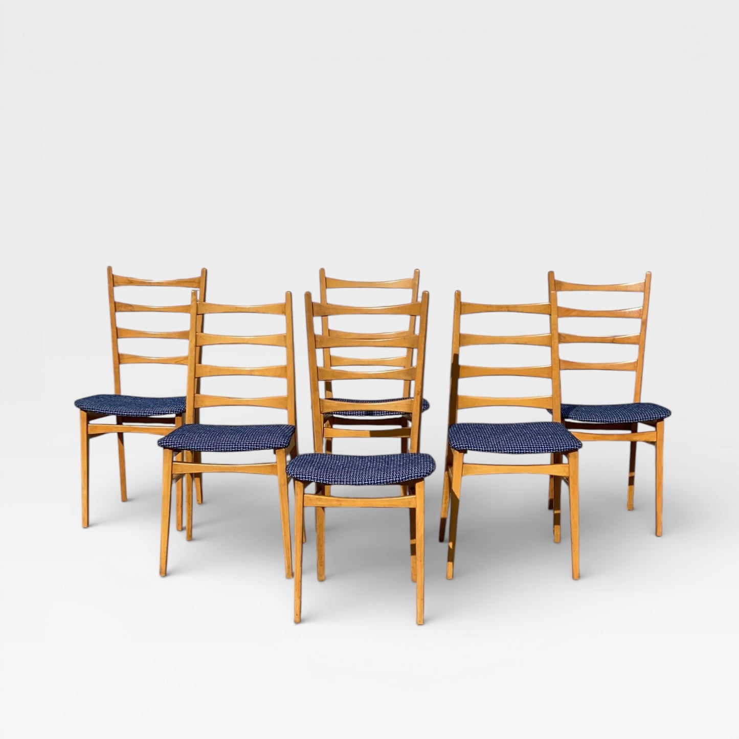 Set of Six Mid-Century Modern Ladderback Dining Chairs with New Upholstery