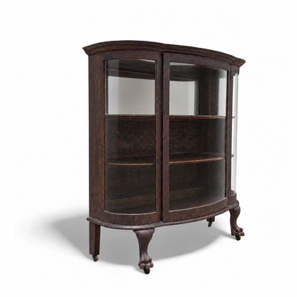 Vintage Curved Glass China Cabinet – Bow Front Display Hutch w/ Claw Feet, 49" Wide, Early 20th Century Style