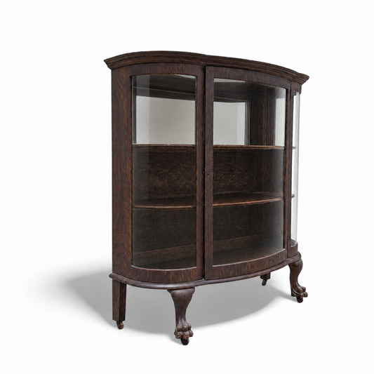 Vintage Curved Glass China Cabinet – Bow Front Display Hutch w/ Claw Feet, 49" Wide, Early 20th Century Style