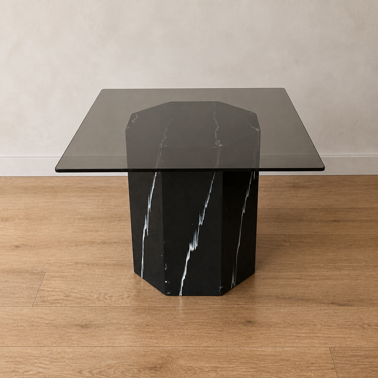 Vintage Side Table, Square Glass Top, Postmodern, Pedestal, Ceramic, Faux Marble, 80s, mid century — view 1 of 17