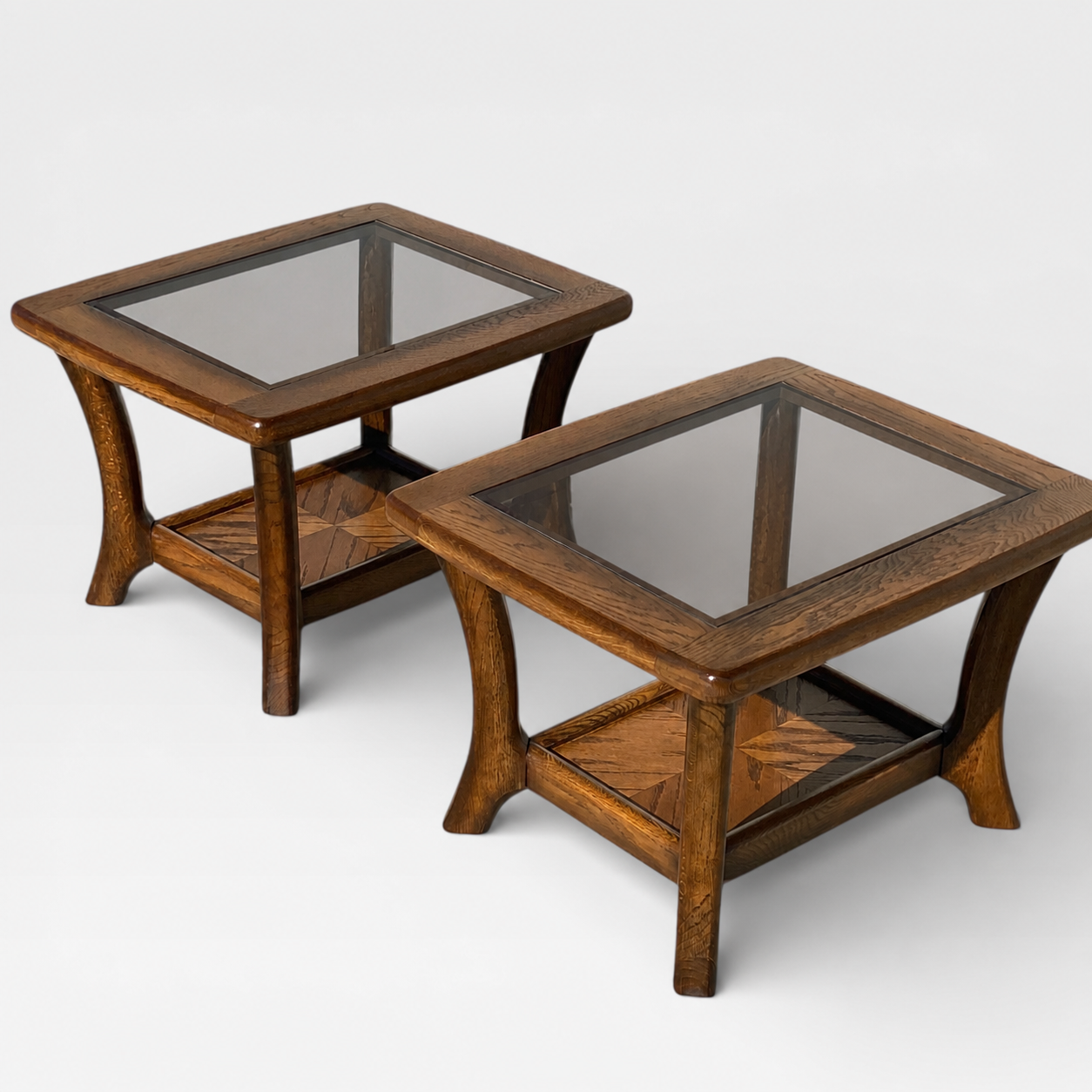 Oak Side Tables with Smoked Glass Tops, c. 1970s–80s