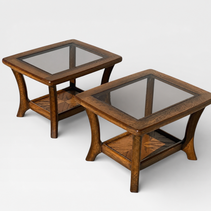 Oak Side Tables with Smoked Glass Tops, c. 1970s–80s
