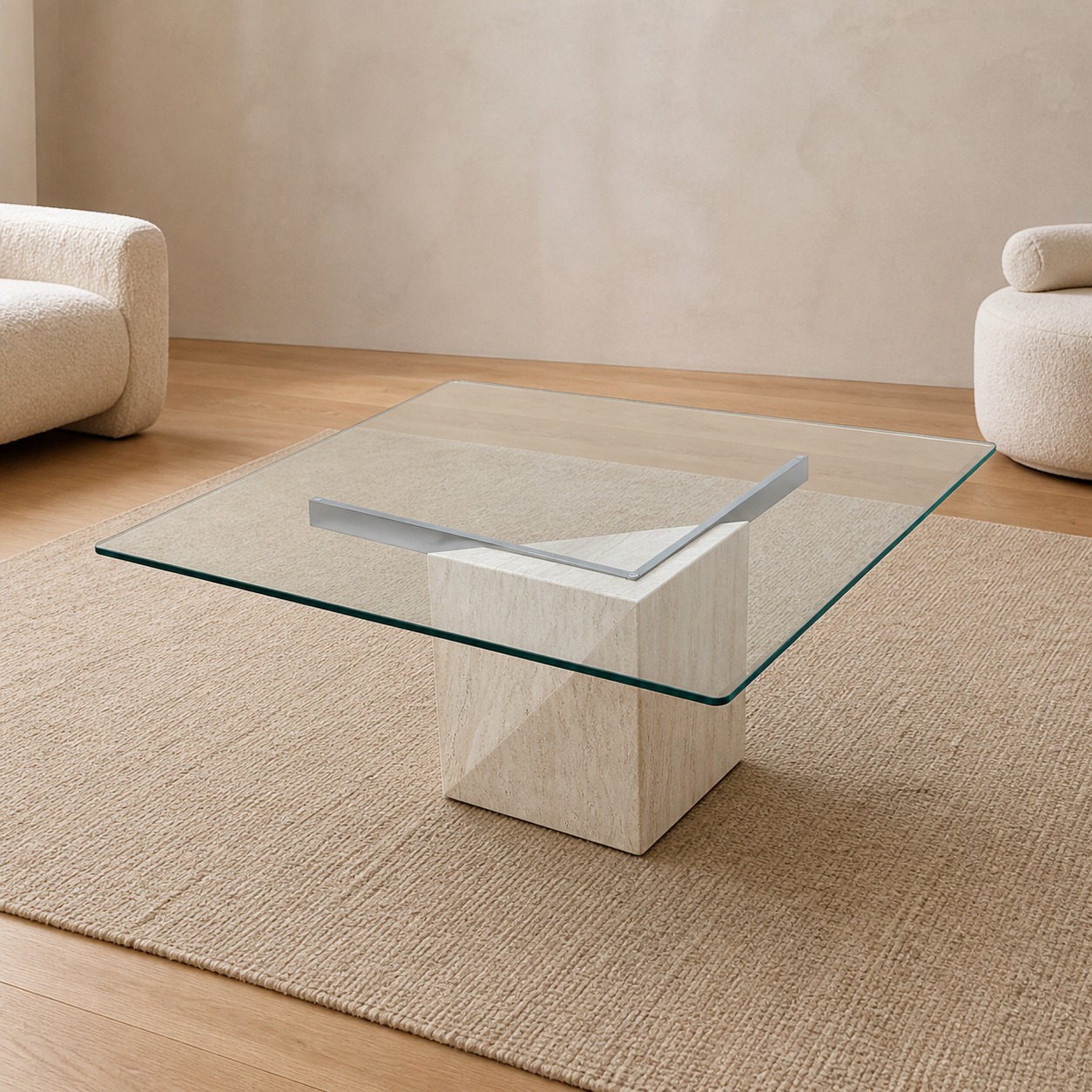 Postmodern Square Glass Coffee Table – Travertine Base, Silver Cross Bars, 1980s Sculptural Minimalist