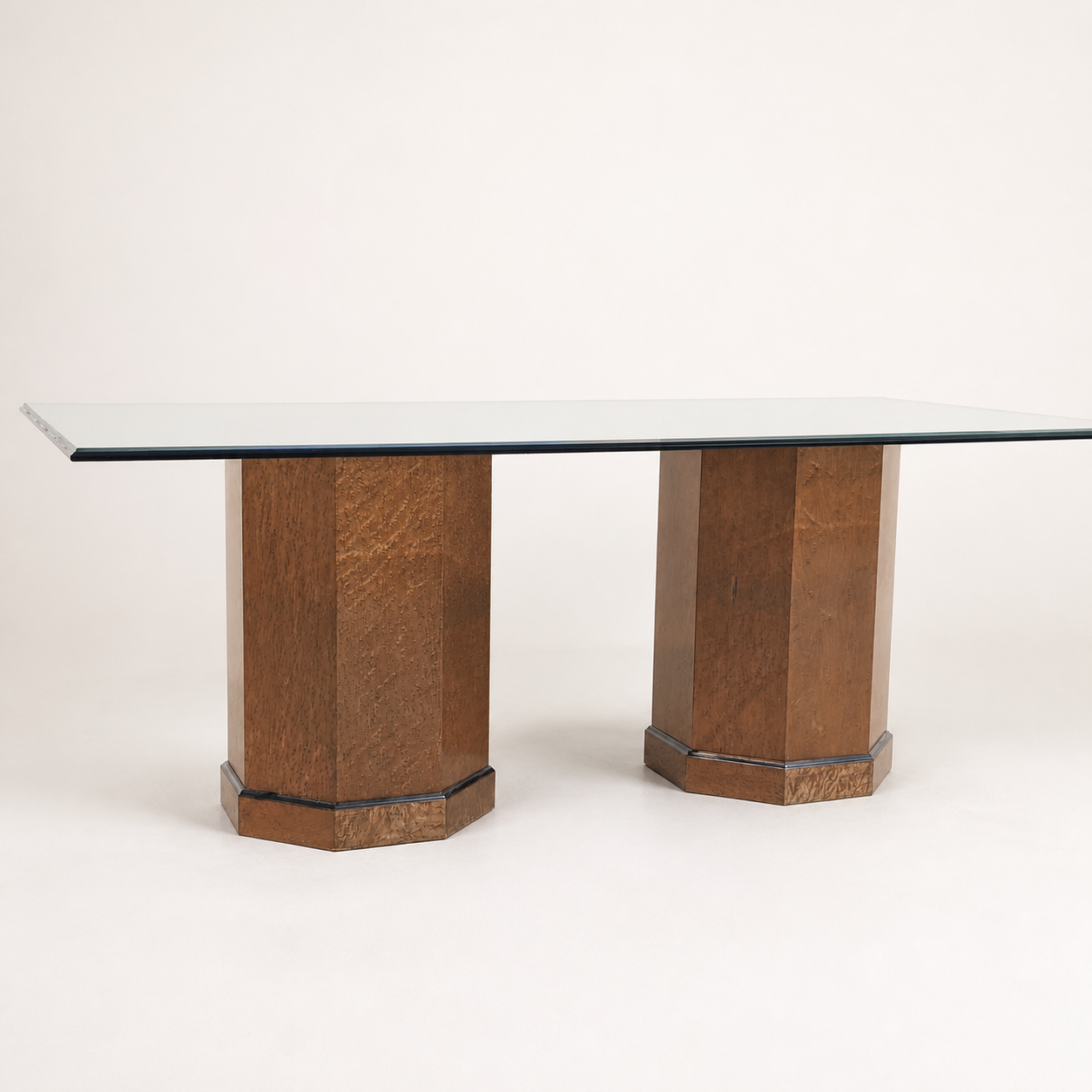 Postmodern Bernhardt Glass Dining Table & Chairs | 80s | Birdseye Maple Pedestal Bases | Unique | Mid Century | Six Chairs