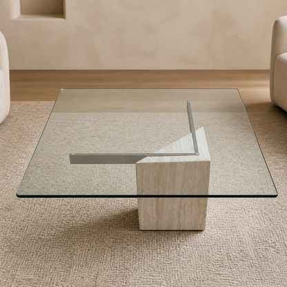 Postmodern Square Glass Coffee Table – Travertine Base, Silver Cross Bars, 1980s Sculptural Minimalist