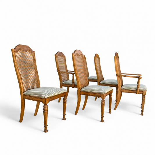 1970s Vintage Oak & Cane High-Back Dining Chairs, Set of Six