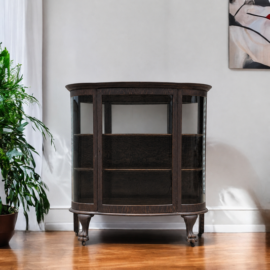 Vintage Curved Glass China Cabinet – Bow Front Display Hutch w/ Claw Feet, 49" Wide, Early 20th Century Style