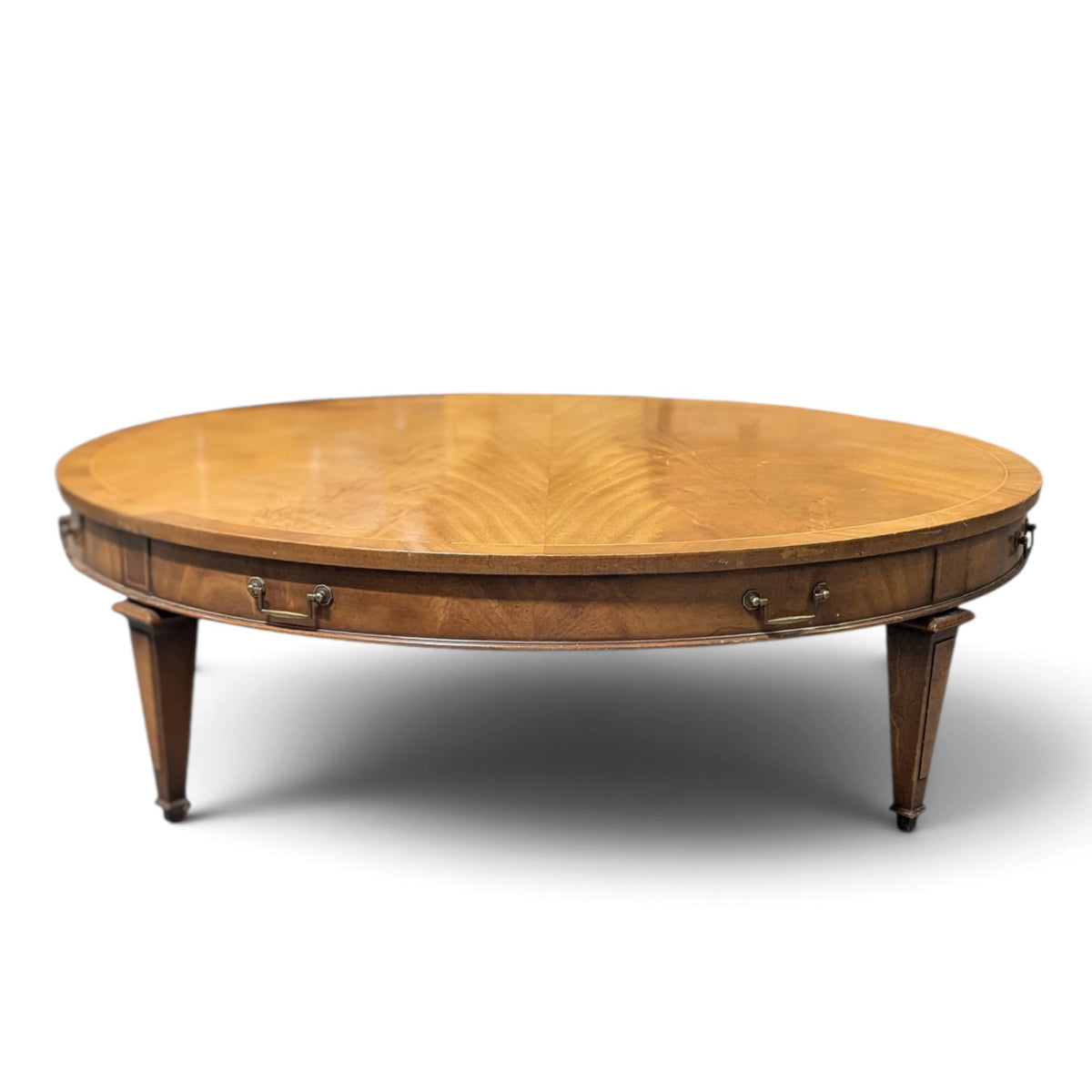 Circa 1957 Heritage Round Mahogany Coffee Table with Drawer