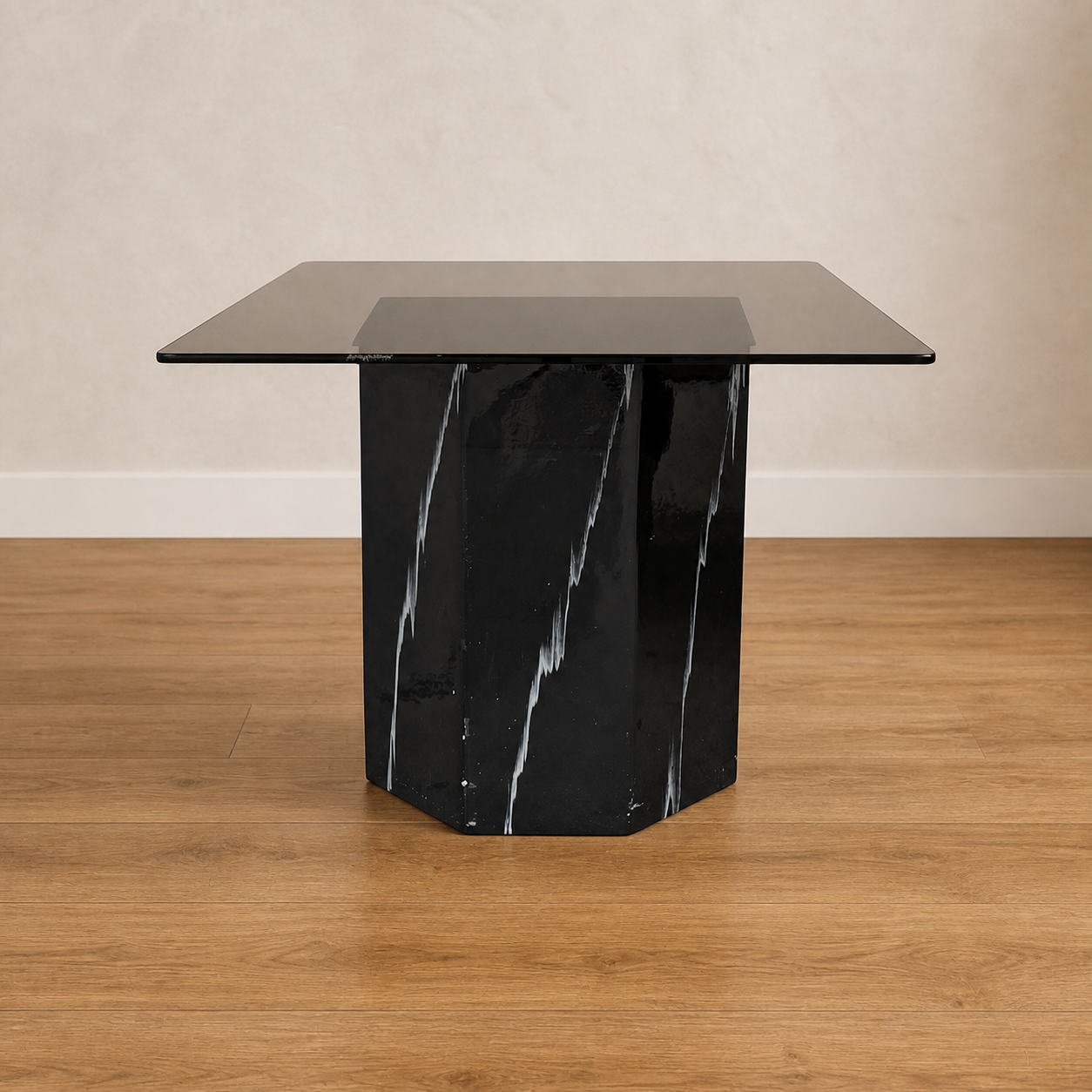Vintage Side Table, Square Glass Top, Postmodern, Pedestal, Ceramic, Faux Marble, 80s, mid century — view 2 of 17