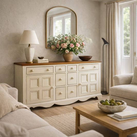 Painted Sideboard or Buffet Cabinet with Paneled Doors and Solid Wood Top