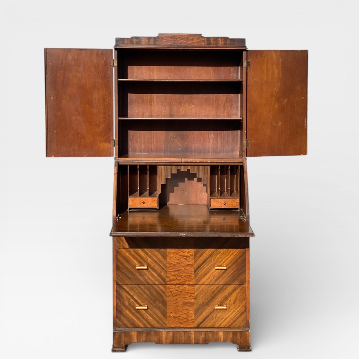 Art Deco Secretary Desk with Drop-Front Writing Surface and Chevron Veneer, 1930s