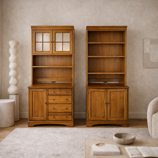 Cottage-Style Oak Hutch Cabinets, Pair