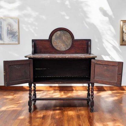 Antique Marble-Top Washstand – Oak with Barley Twist Legs and Round Marble Back, Early 1900s English