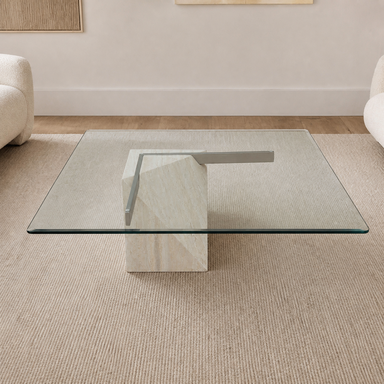 Postmodern Square Glass Coffee Table – Travertine Base, Silver Cross Bars, 1980s Sculptural Minimalist — view 3 of 16
