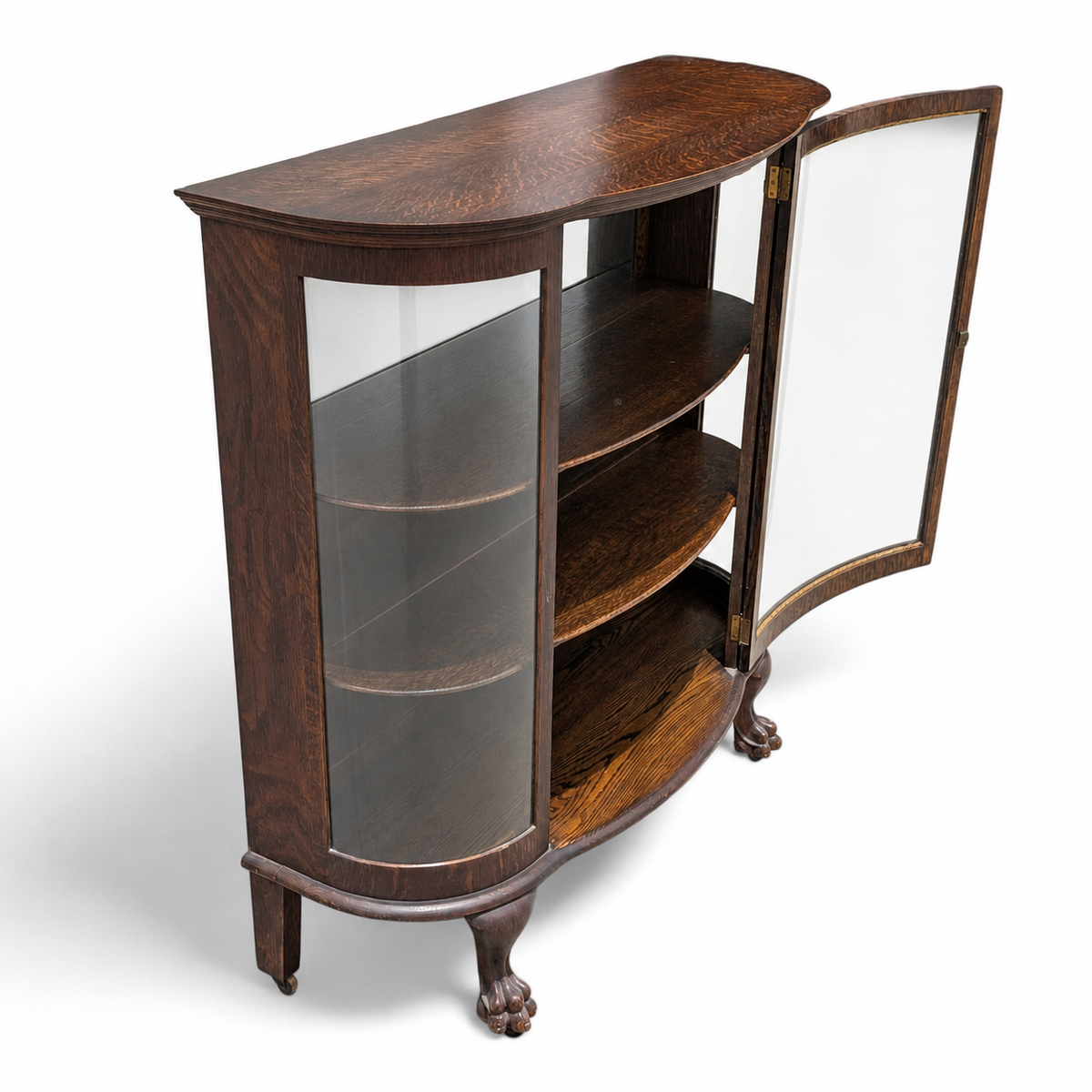 Vintage Curved Glass China Cabinet – Bow Front Display Hutch w/ Claw Feet, 49" Wide, Early 20th Century Style