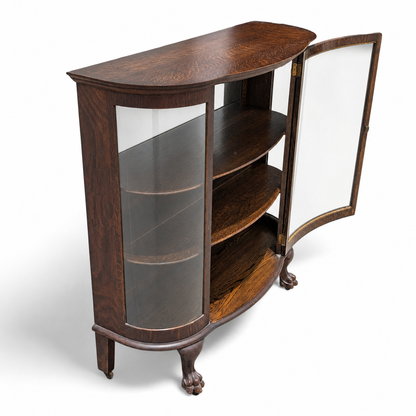 Vintage Curved Glass China Cabinet – Bow Front Display Hutch w/ Claw Feet, 49" Wide, Early 20th Century Style