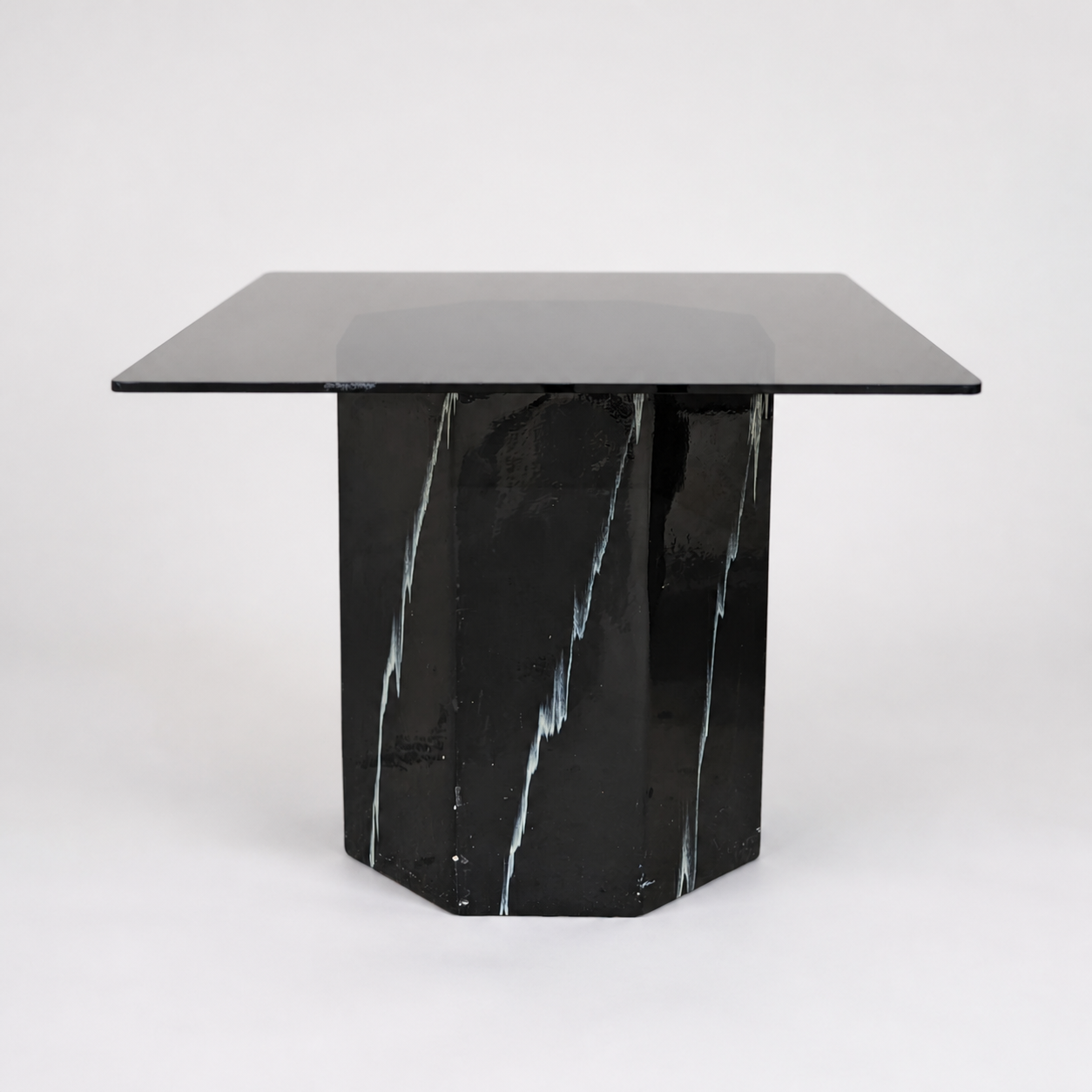 Vintage Side Table, Square Glass Top, Postmodern, Pedestal, Ceramic, Faux Marble, 80s, mid century — view 3 of 17