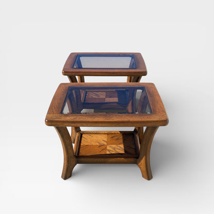 Oak Side Tables with Smoked Glass Tops, c. 1970s–80s