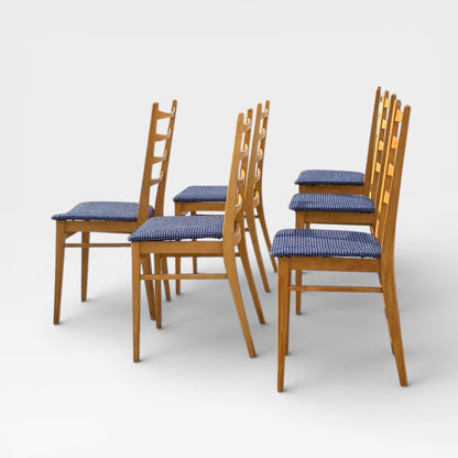 Set of Six Mid-Century Modern Ladderback Dining Chairs with New Upholstery
