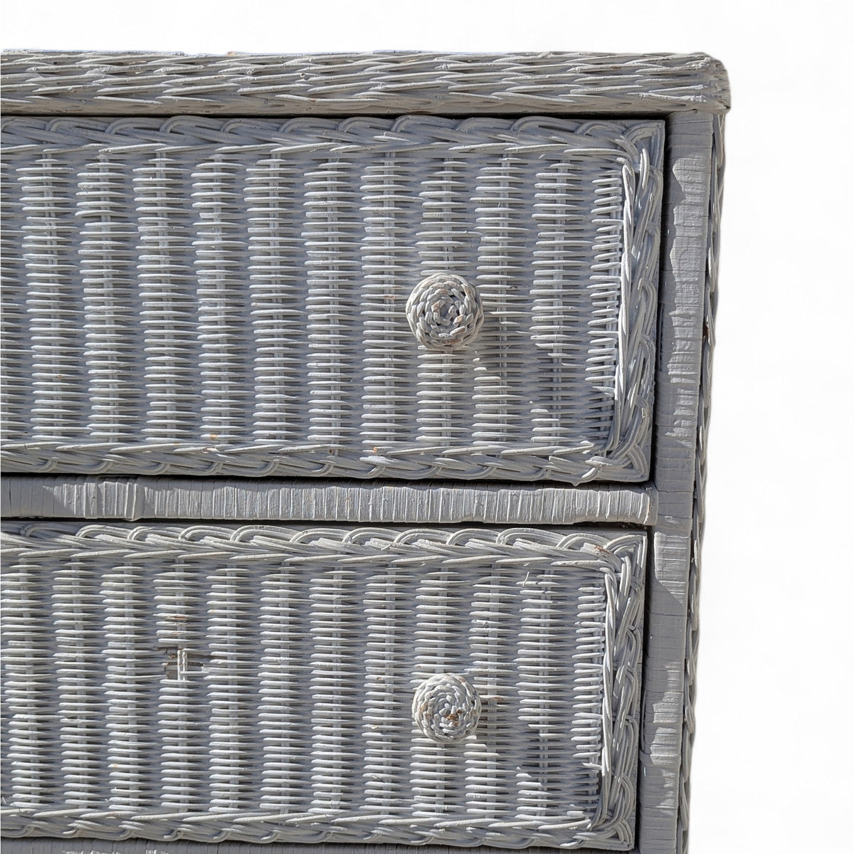 Vintage White Woven Wicker Three-Drawer Chest on Casters