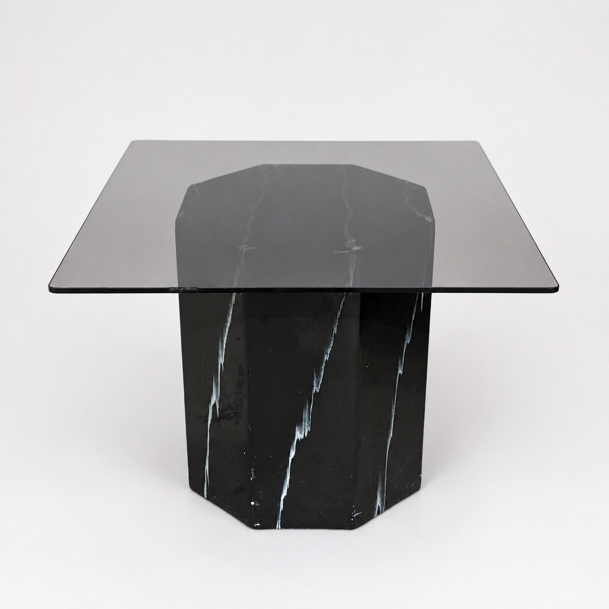 Vintage Side Table, Square Glass Top, Postmodern, Pedestal, Ceramic, Faux Marble, 80s, mid century