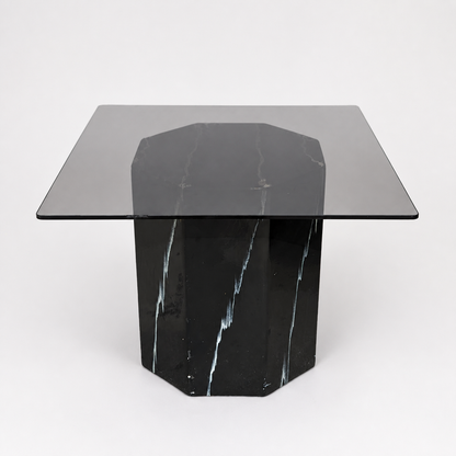 Vintage Side Table, Square Glass Top, Postmodern, Pedestal, Ceramic, Faux Marble, 80s, mid century