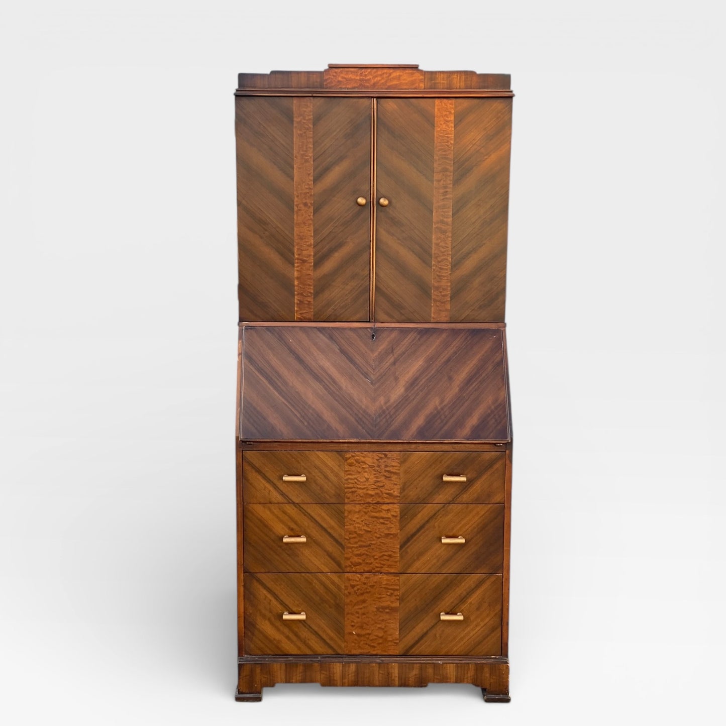 Art Deco Secretary Desk with Drop-Front Writing Surface and Chevron Veneer, 1930s