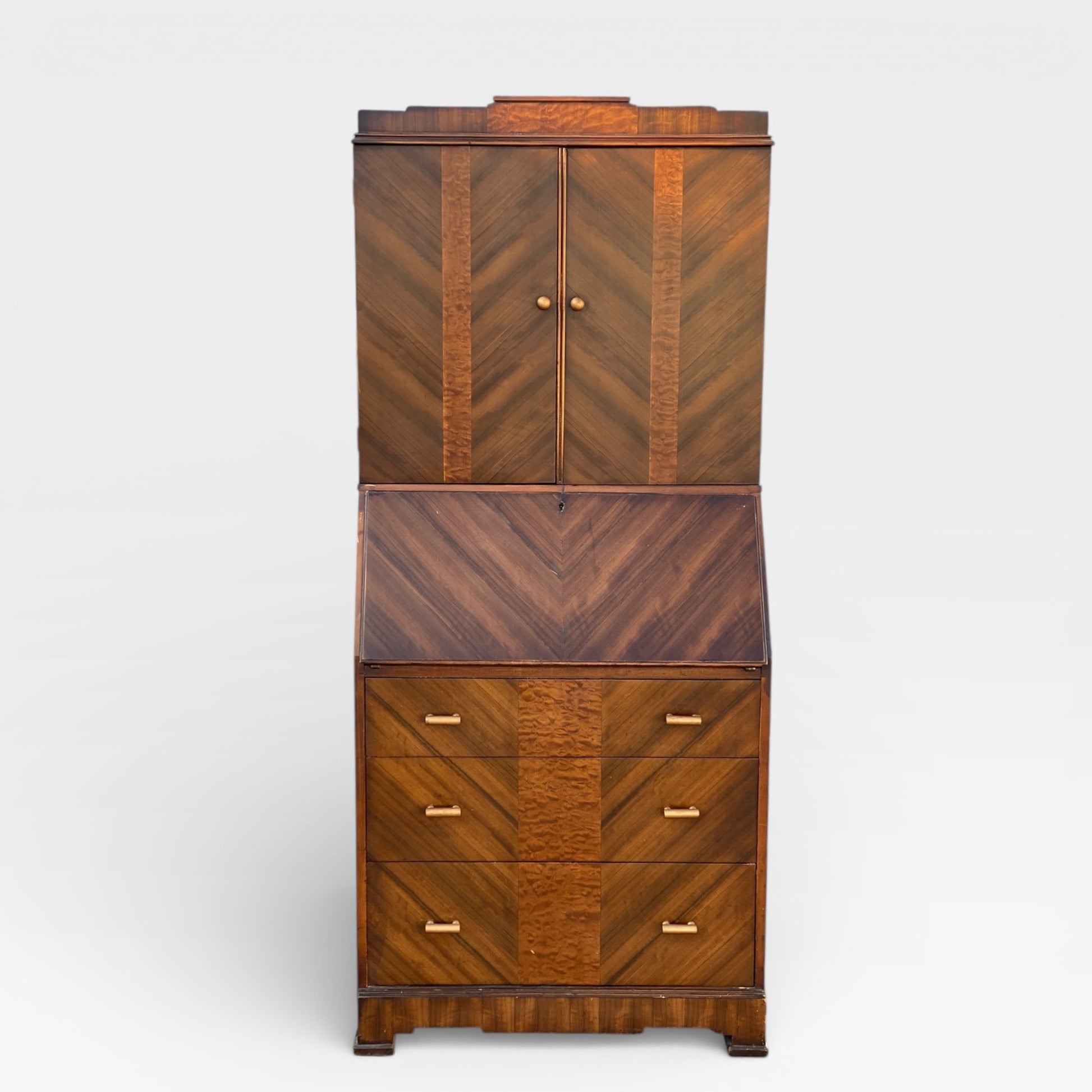 Art Deco Secretary Desk with Drop-Front Writing Surface and Chevron Veneer, 1930s — view 5 of 22