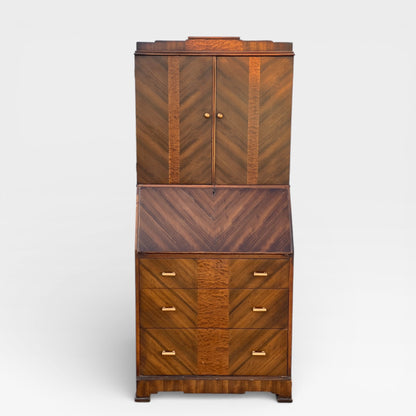 Art Deco Secretary Desk with Drop-Front Writing Surface and Chevron Veneer, 1930s