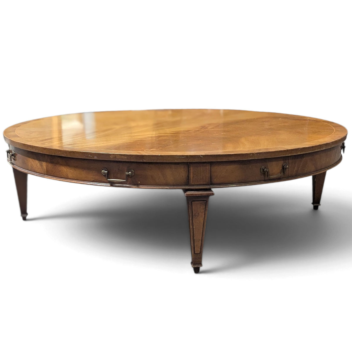 Circa 1957 Heritage Round Mahogany Coffee Table with Drawer