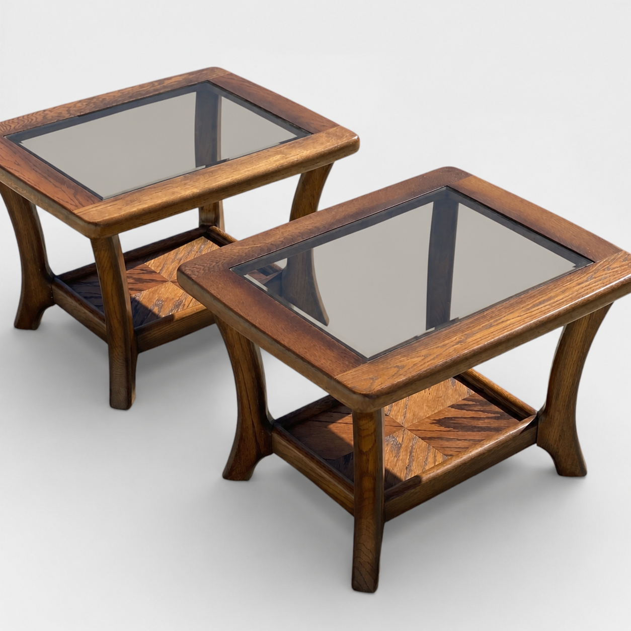 Oak Side Tables with Smoked Glass Tops, c. 1970s–80s — view 4 of 21