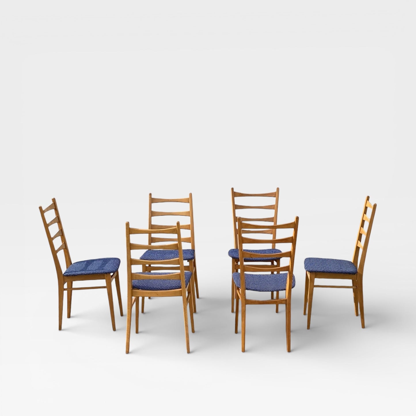 Set of Six Mid-Century Modern Ladderback Dining Chairs with New Upholstery