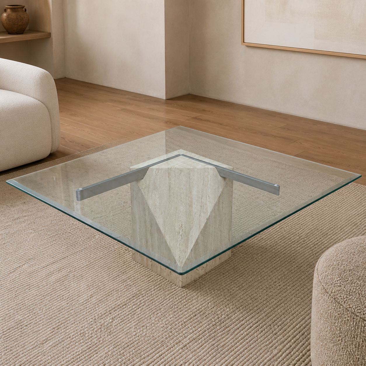 Postmodern Square Glass Coffee Table – Travertine Base, Silver Cross Bars, 1980s Sculptural Minimalist