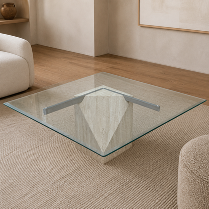Postmodern Square Glass Coffee Table – Travertine Base, Silver Cross Bars, 1980s Sculptural Minimalist
