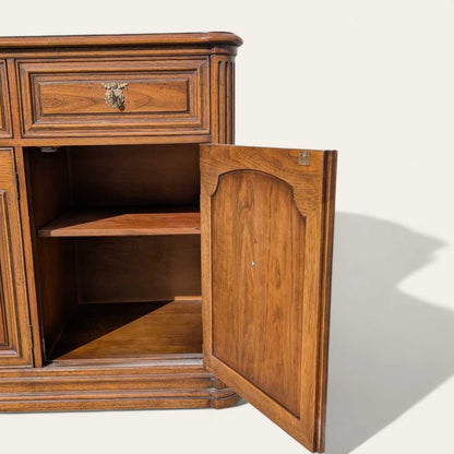 Henredon 1970s Credenza – Traditional Walnut Sideboard with Brass Pulls & Adjustable Shelving, 66” Vintage Cabinet