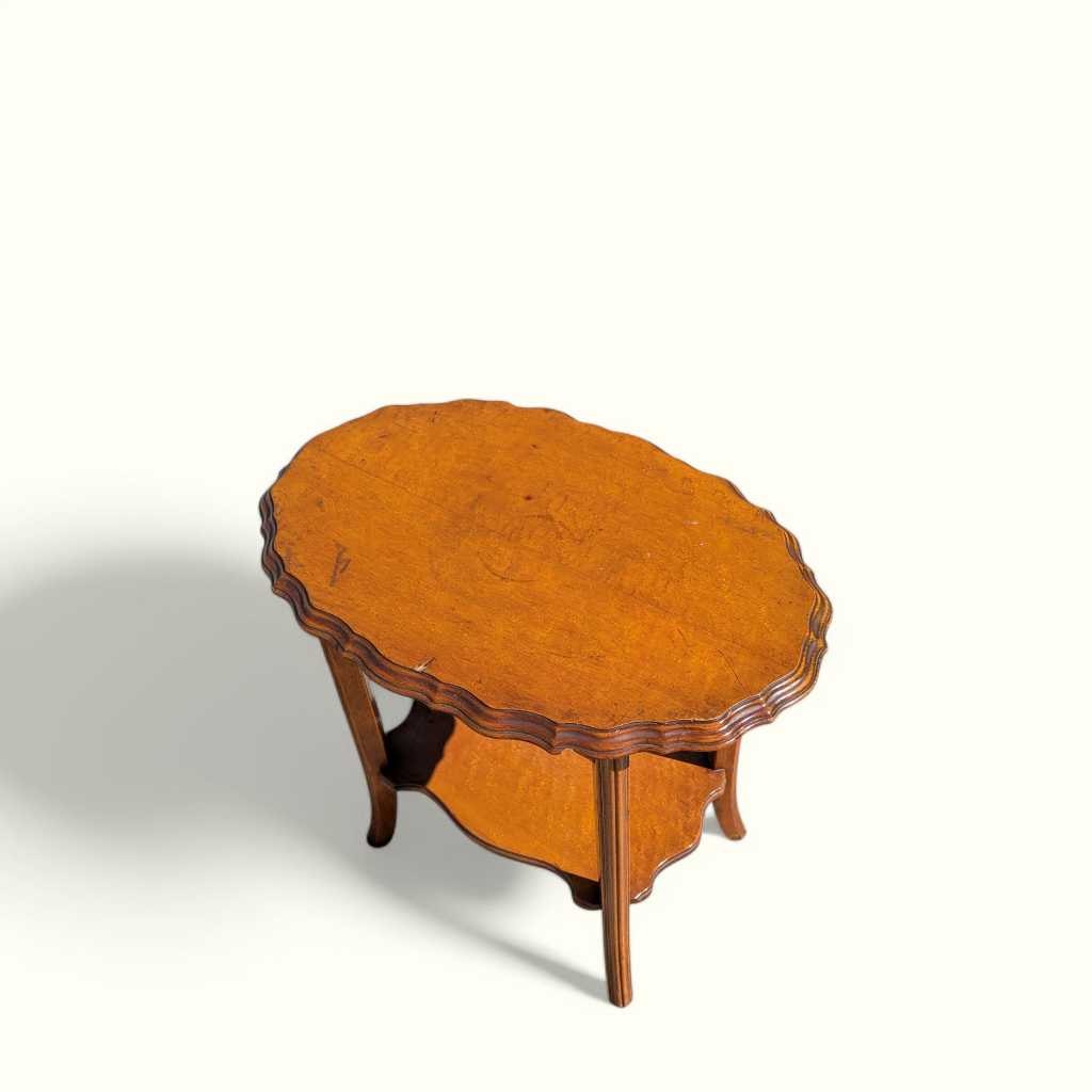 Vintage Oval Wood Side Table with Scalloped Edge and Lower Shelf — view 4 of 12