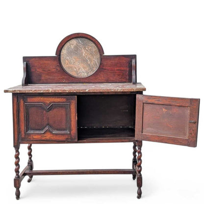 Antique Marble-Top Washstand – Oak with Barley Twist Legs and Round Marble Back, Early 1900s English