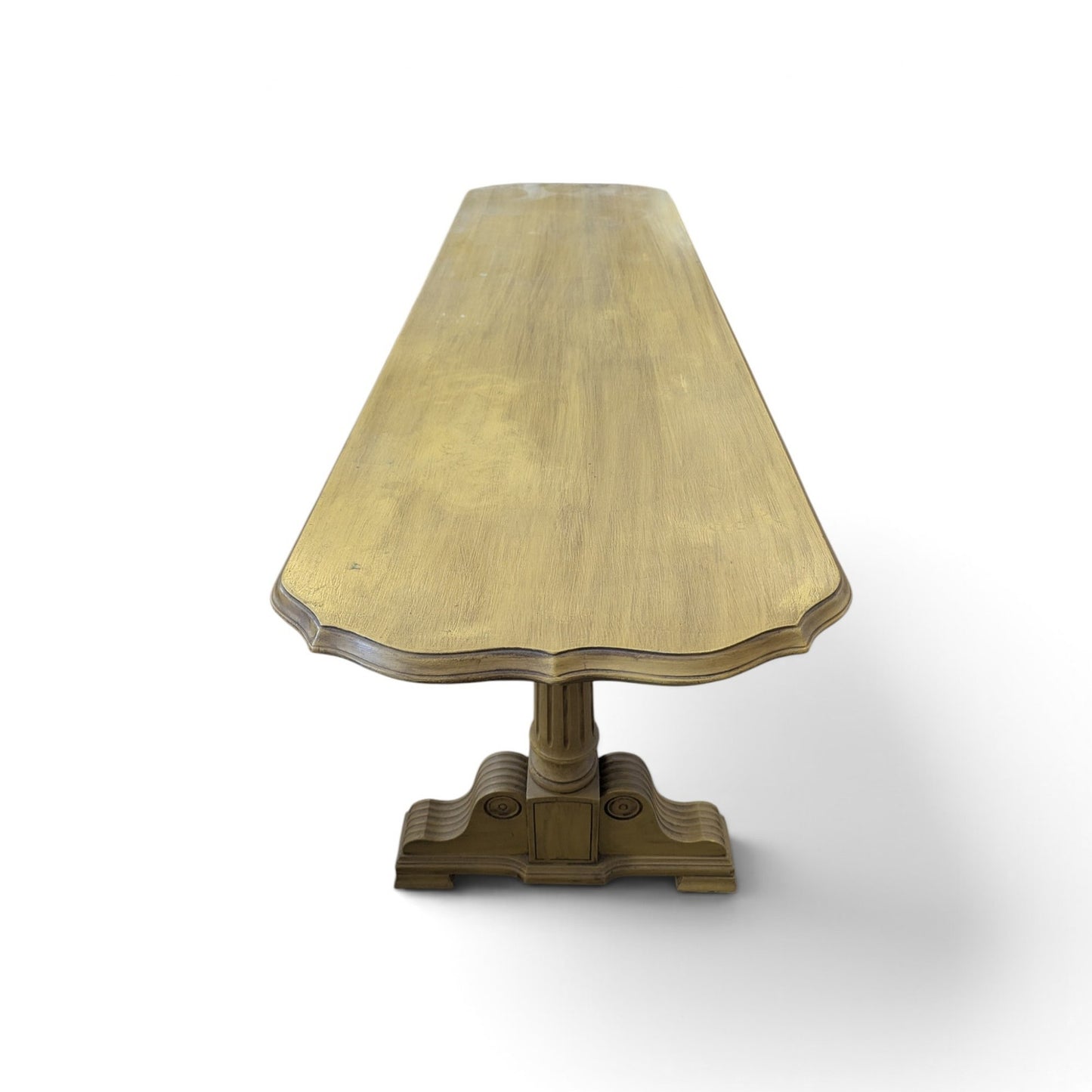 Vintage Butter Yellow Painted Trestle Sofa Table with Scalloped Top